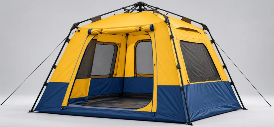 AI-edited tent reference illustrating fiberglass poles, support frames and connection parts